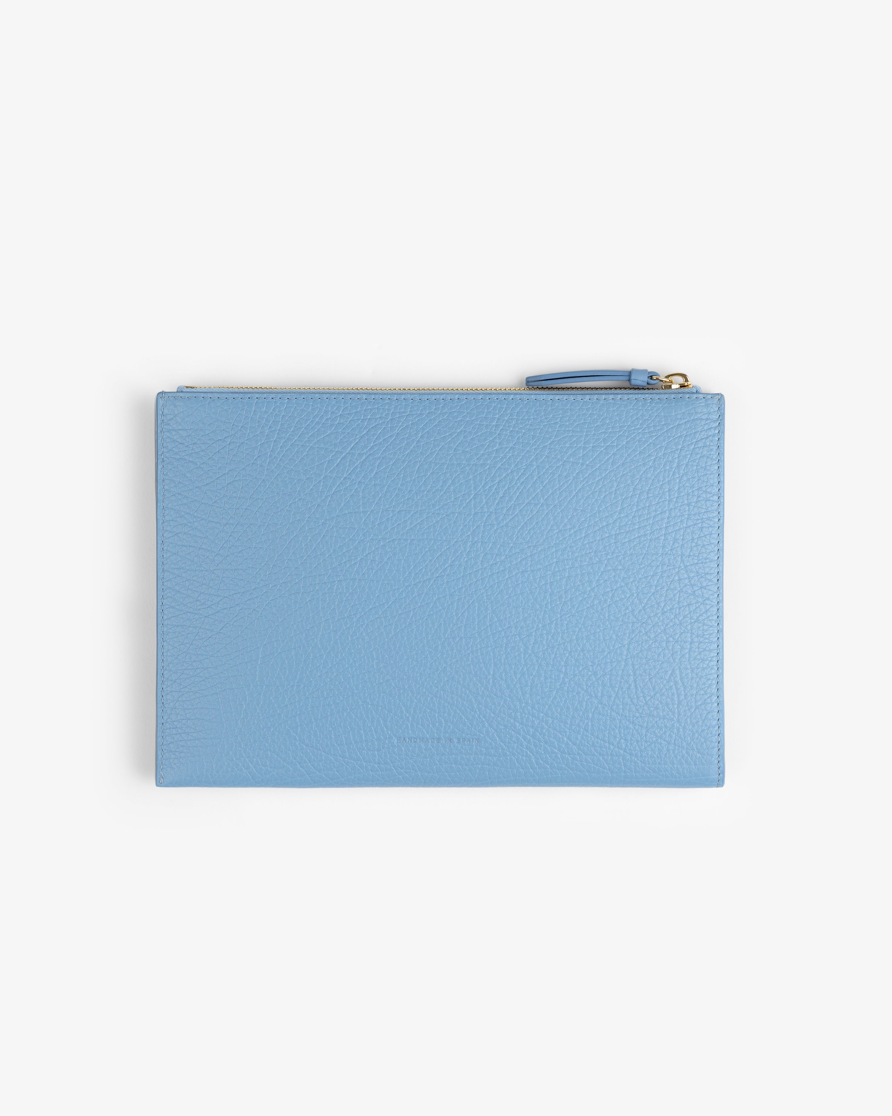 Small Tumbled Leather Pouch in light blue, rectangular with a top zipper, displayed on a white background.
