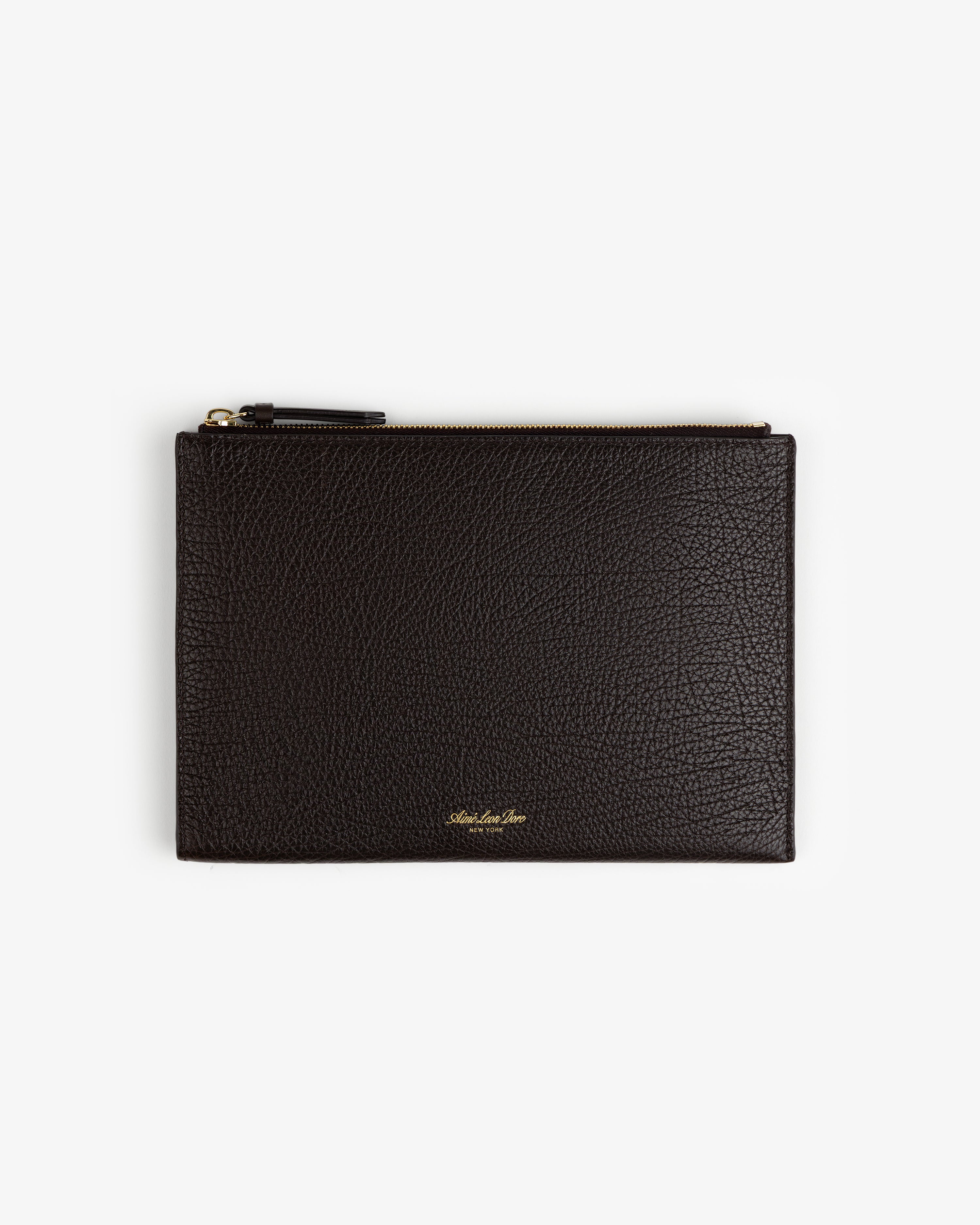 Small Tumbled Leather Pouch: black textured leather with gold lettering and zipper, shown on a white background.