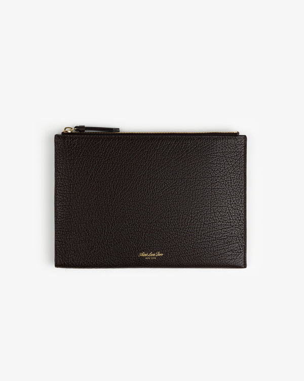 Small Tumbled Leather Pouch: black textured leather with gold lettering and zipper, shown on a white background.