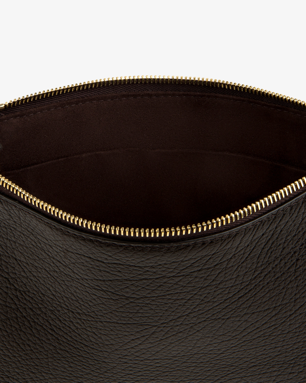 Small Tumbled Leather Pouch in black with gold zipper, open to reveal empty interior on white background.