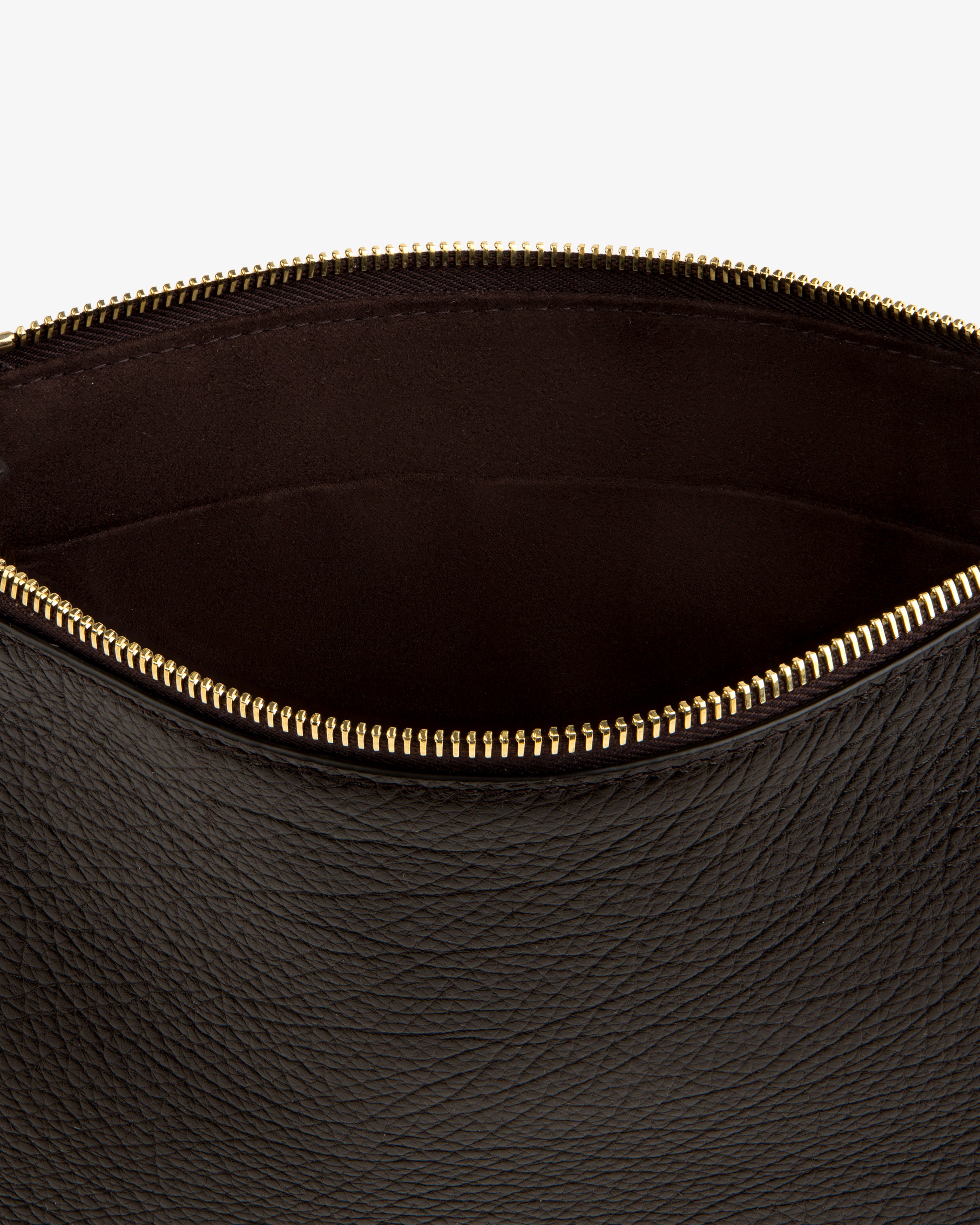 Small Tumbled Leather Pouch in black with gold zipper, open to reveal empty interior on white background.