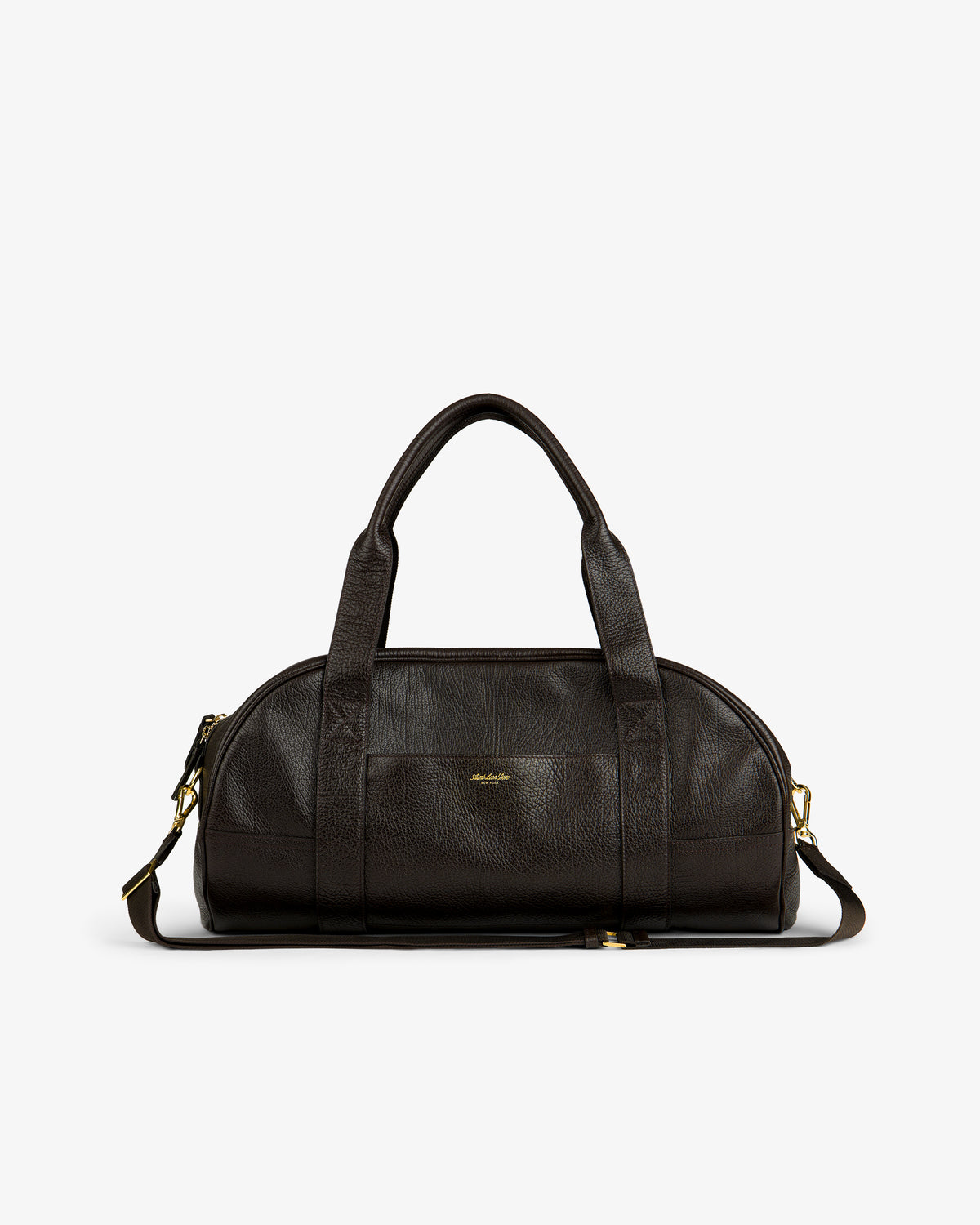 Tumbled Leather Duffle in dark brown with handles, shoulder strap, and gold hardware on a white background.