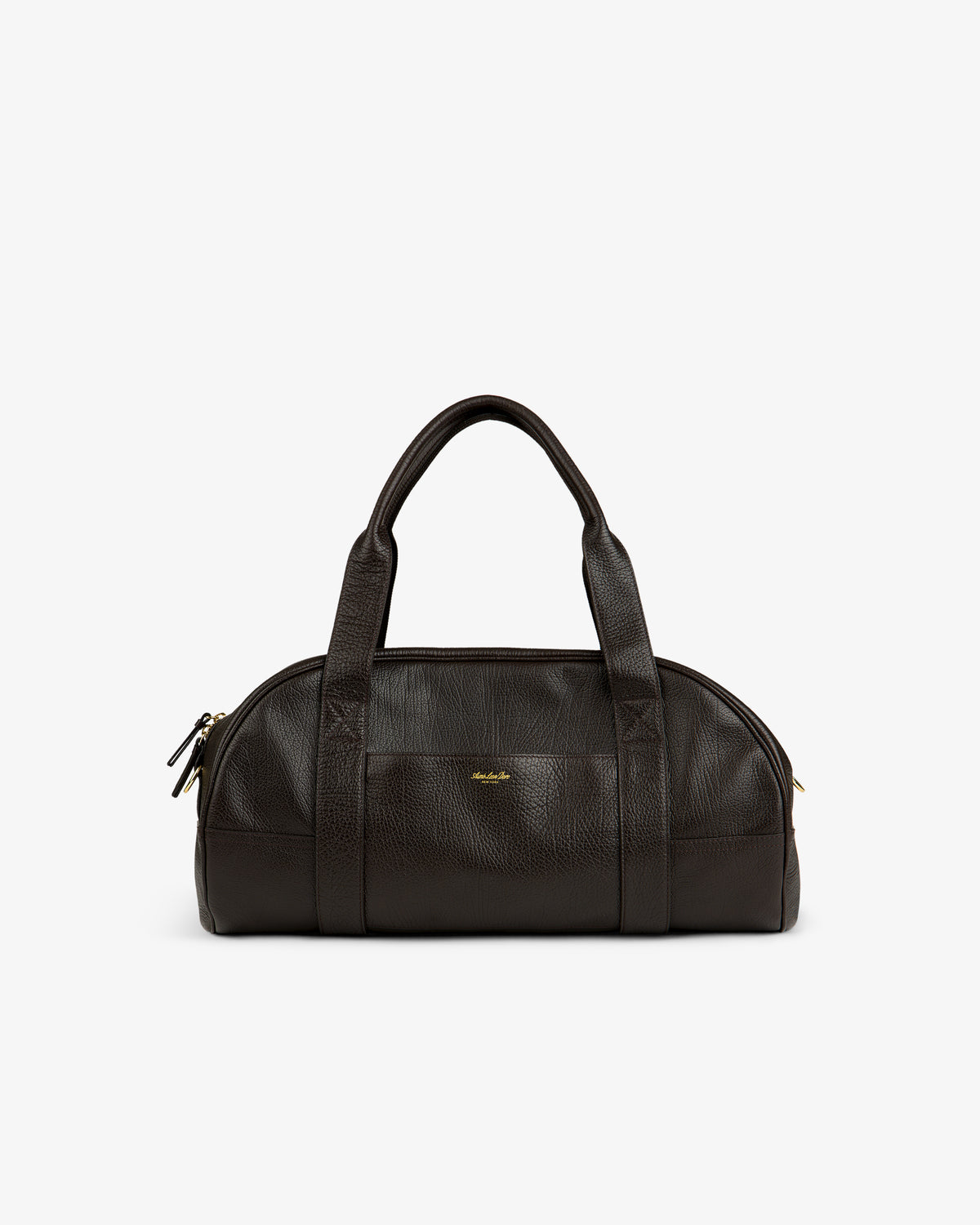 Tumbled Leather Duffle in dark brown with two handles, gold zipper, and a small gold logo on the front.