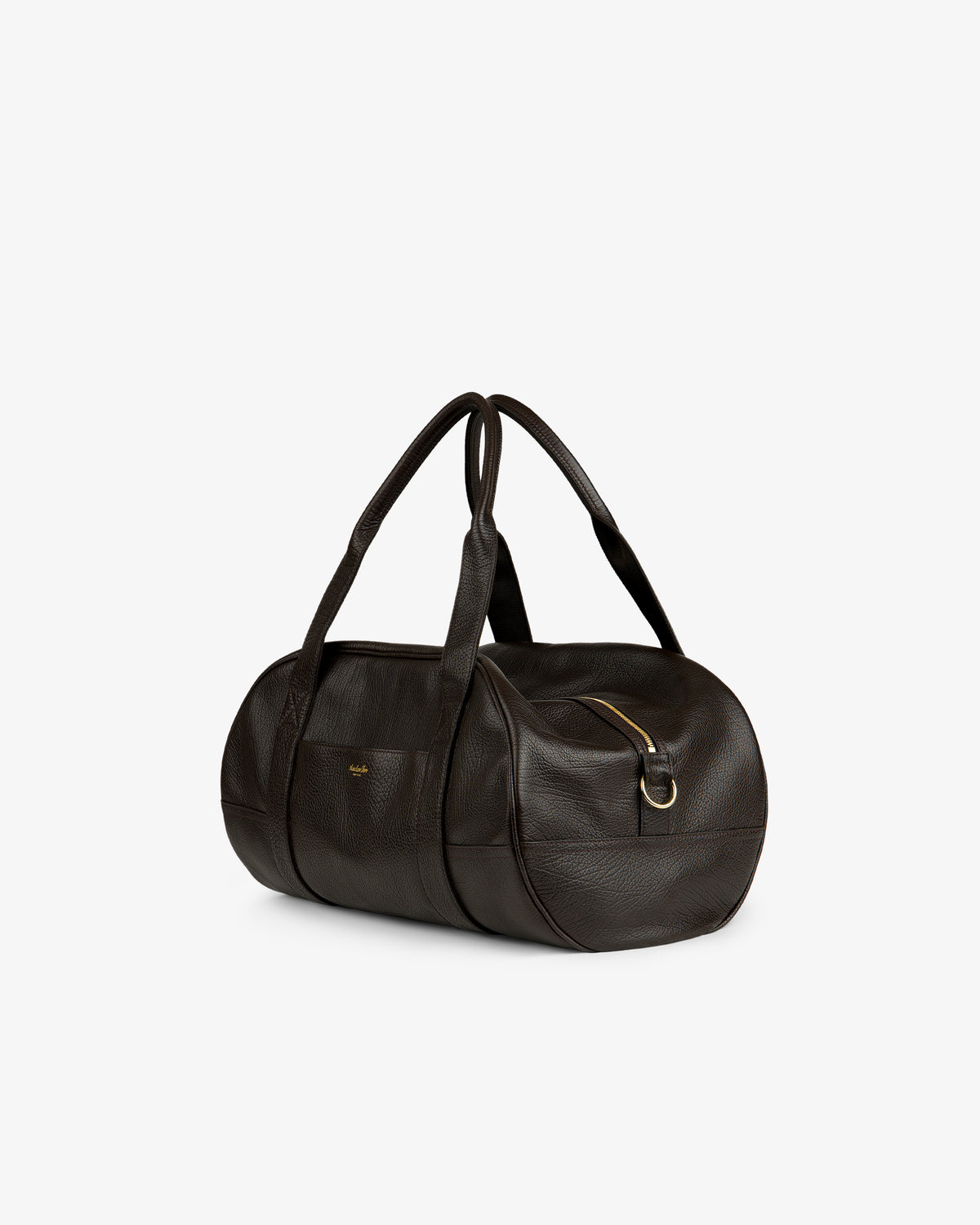 Tumbled Leather Duffle in dark brown with long handles and side zip pocket, shown on a white background.