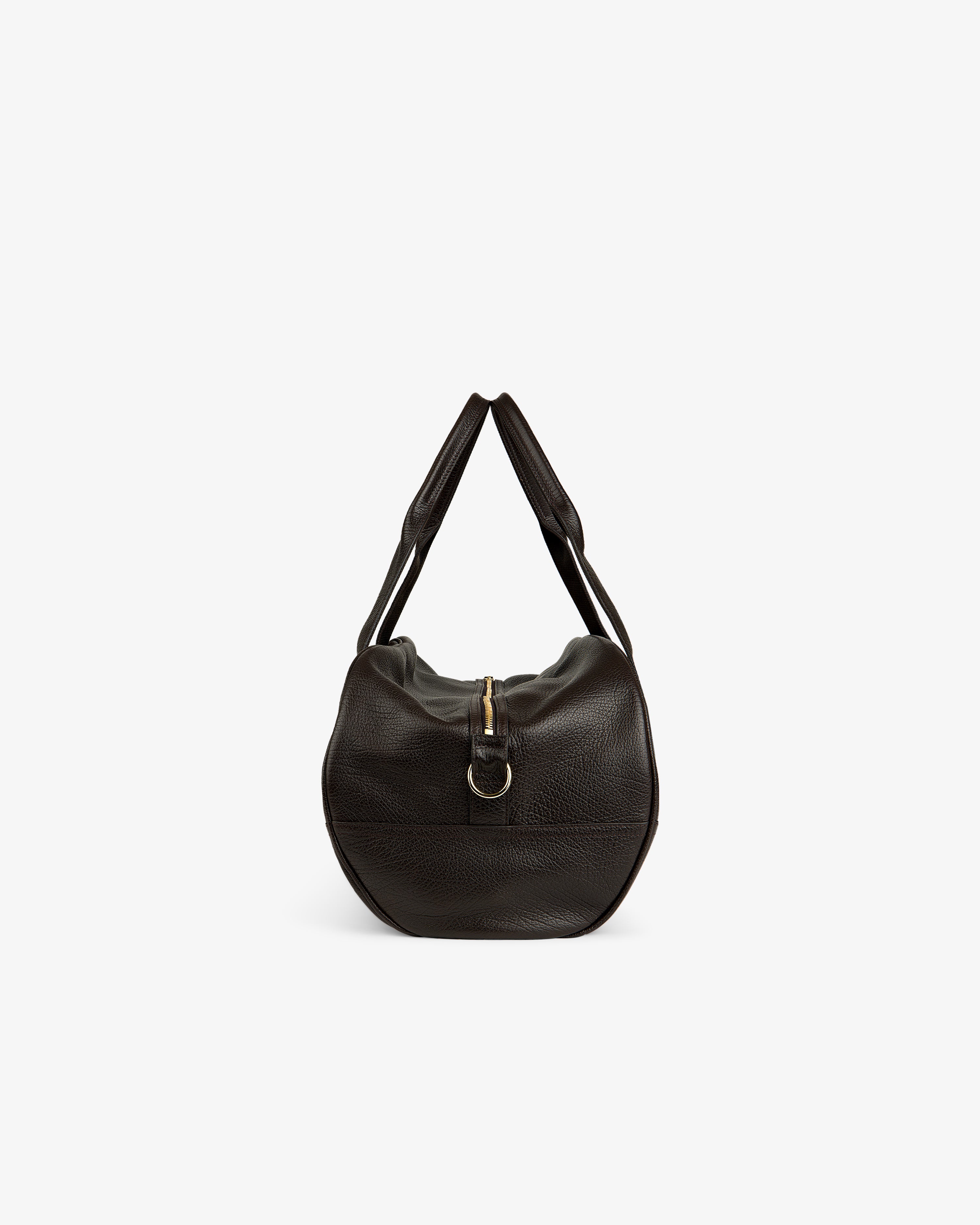 Tumbled Leather Duffle in black with double handles and zipper, displayed on a plain white background.