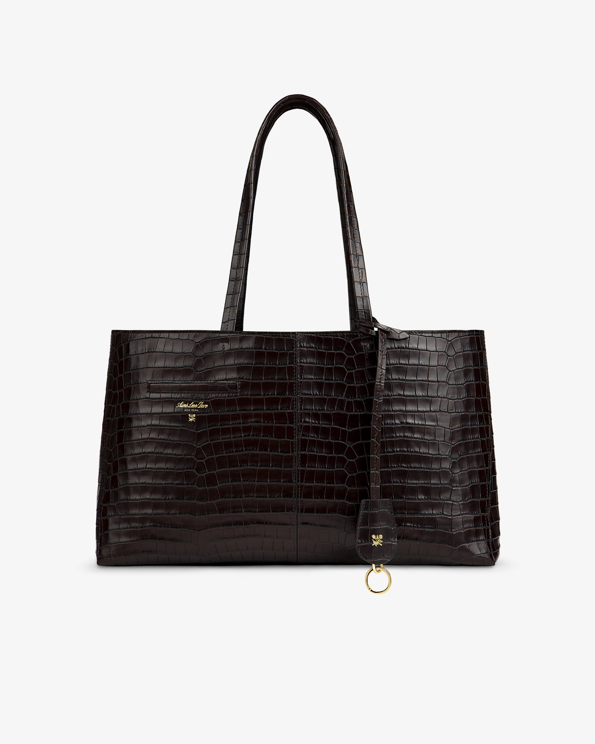 Dark brown, croc-embossed leather shoulder bag with a gold ring charm.