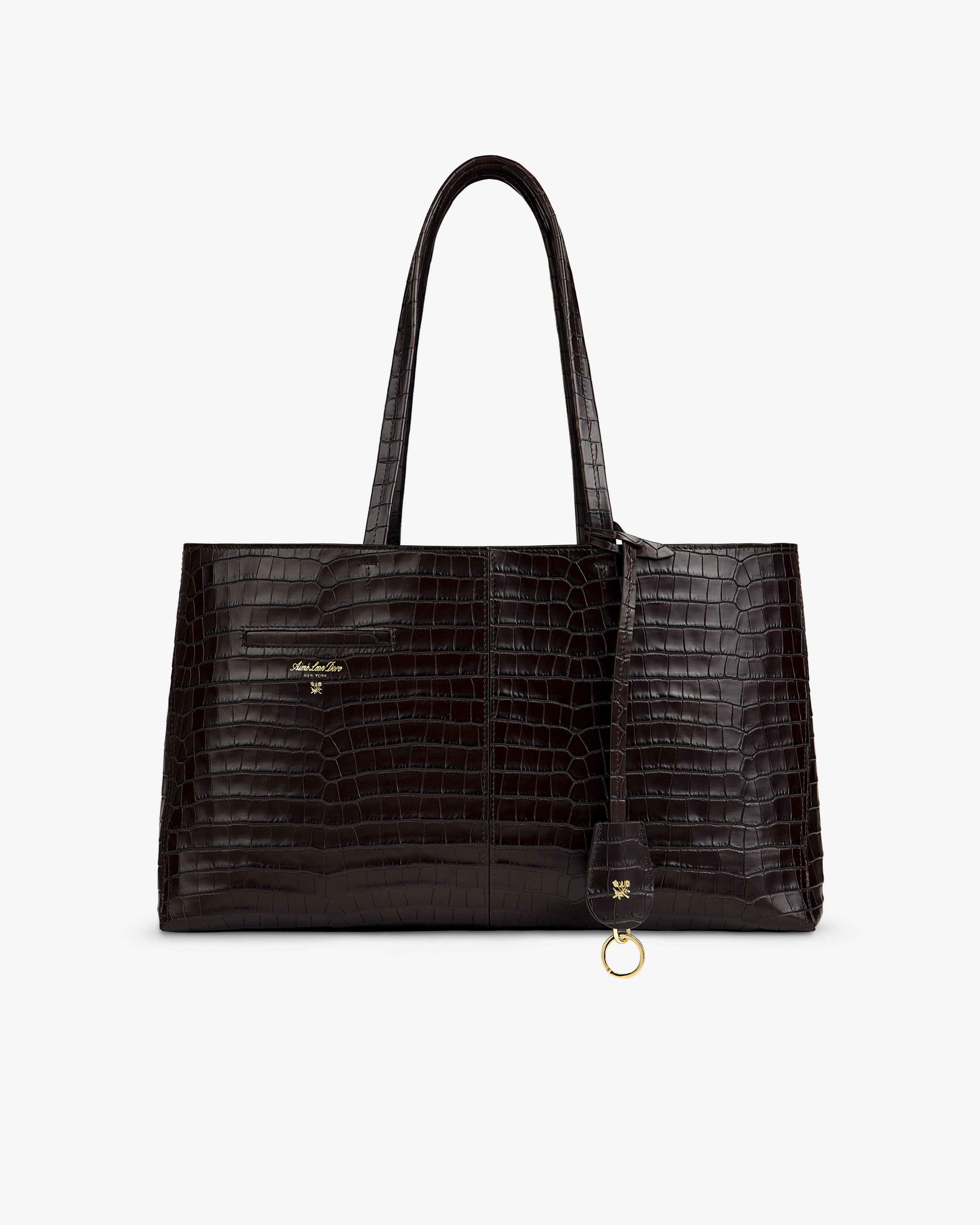 Dark brown, croc-embossed leather shoulder bag with a gold ring charm.