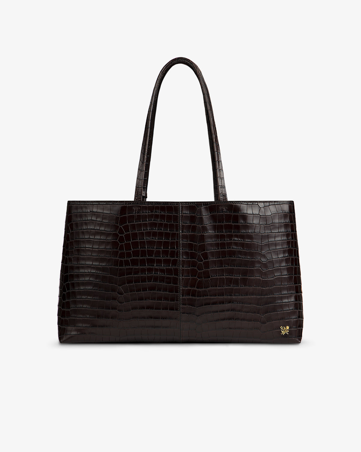 Croc-Embossed Leather Shoulder Bag in dark brown, featuring a tote silhouette and two shoulder straps.