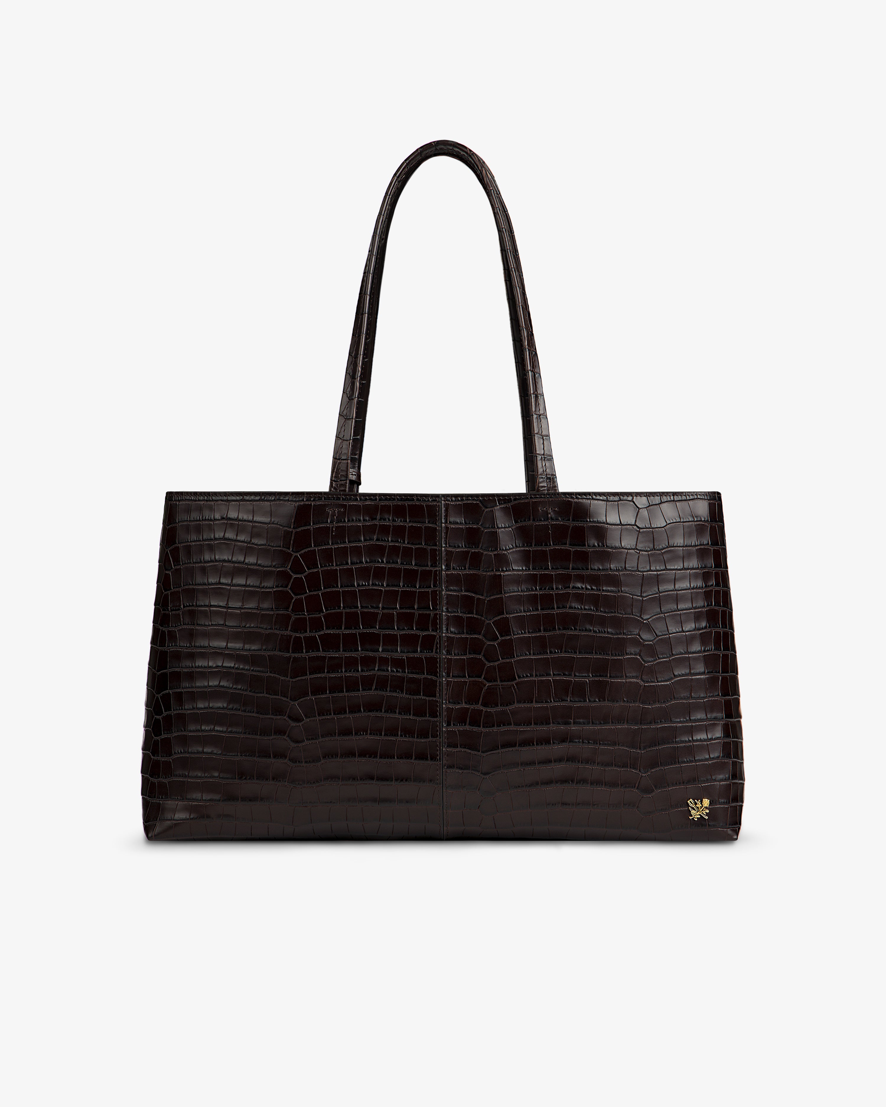 Croc-Embossed Leather Shoulder Bag in dark brown, featuring a tote silhouette and two shoulder straps.
