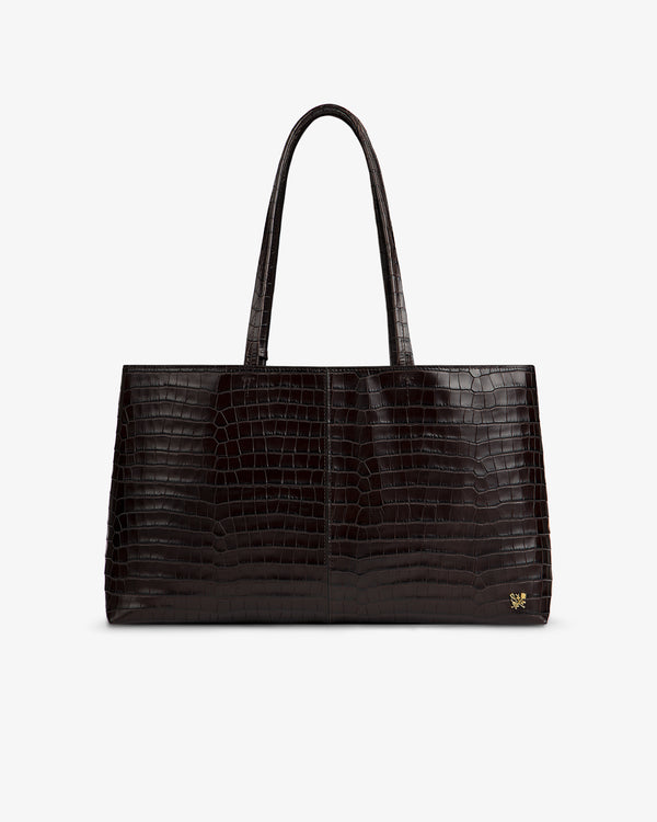 Croc-Embossed Leather Shoulder Bag in dark brown, featuring a tote silhouette and two shoulder straps.