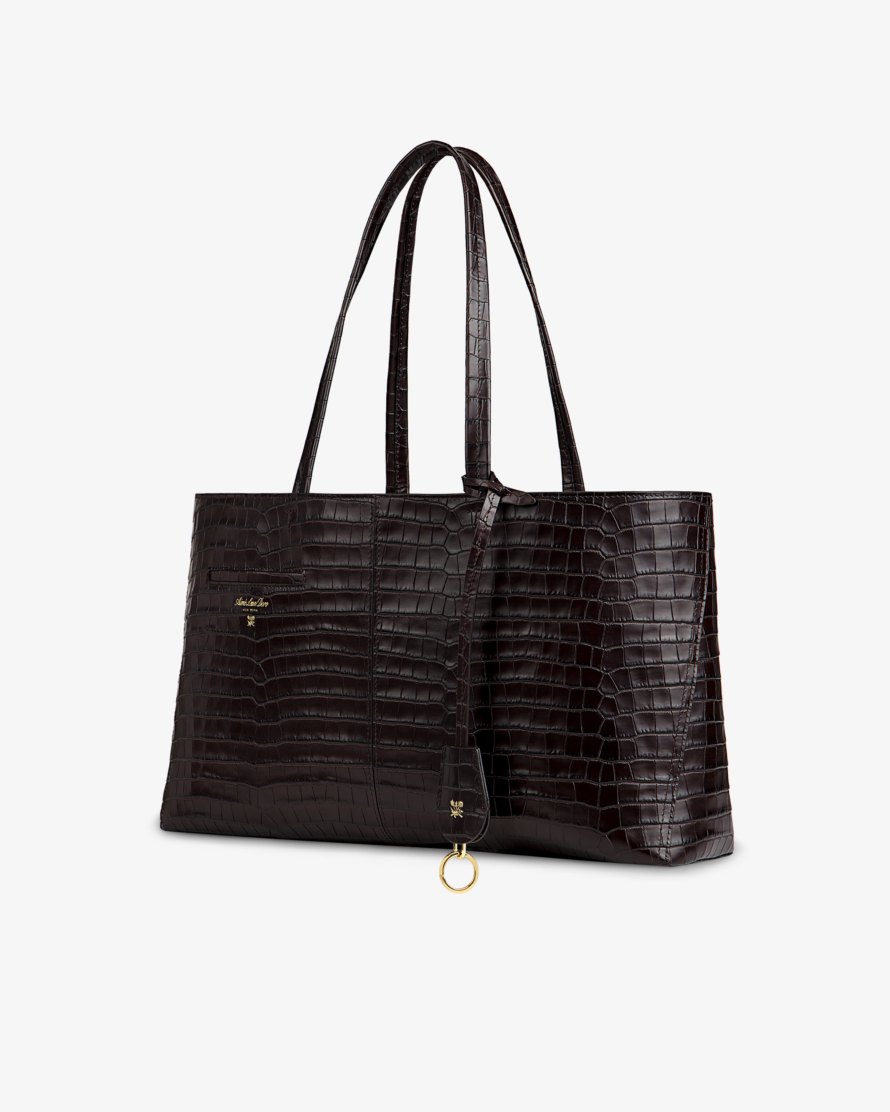 Dark brown Croc-Embossed Leather Shoulder Bag with two straps and a gold ring charm.