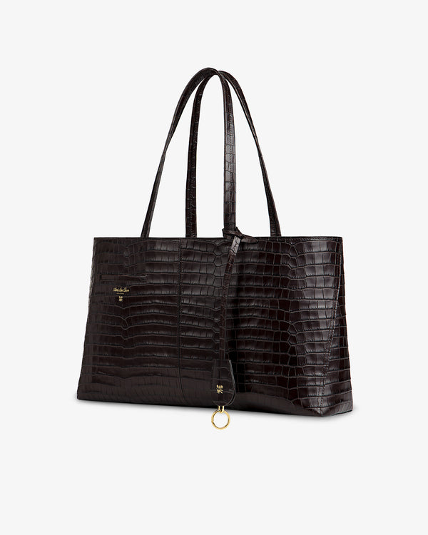 Dark brown Croc-Embossed Leather Shoulder Bag with two straps and a gold ring charm.