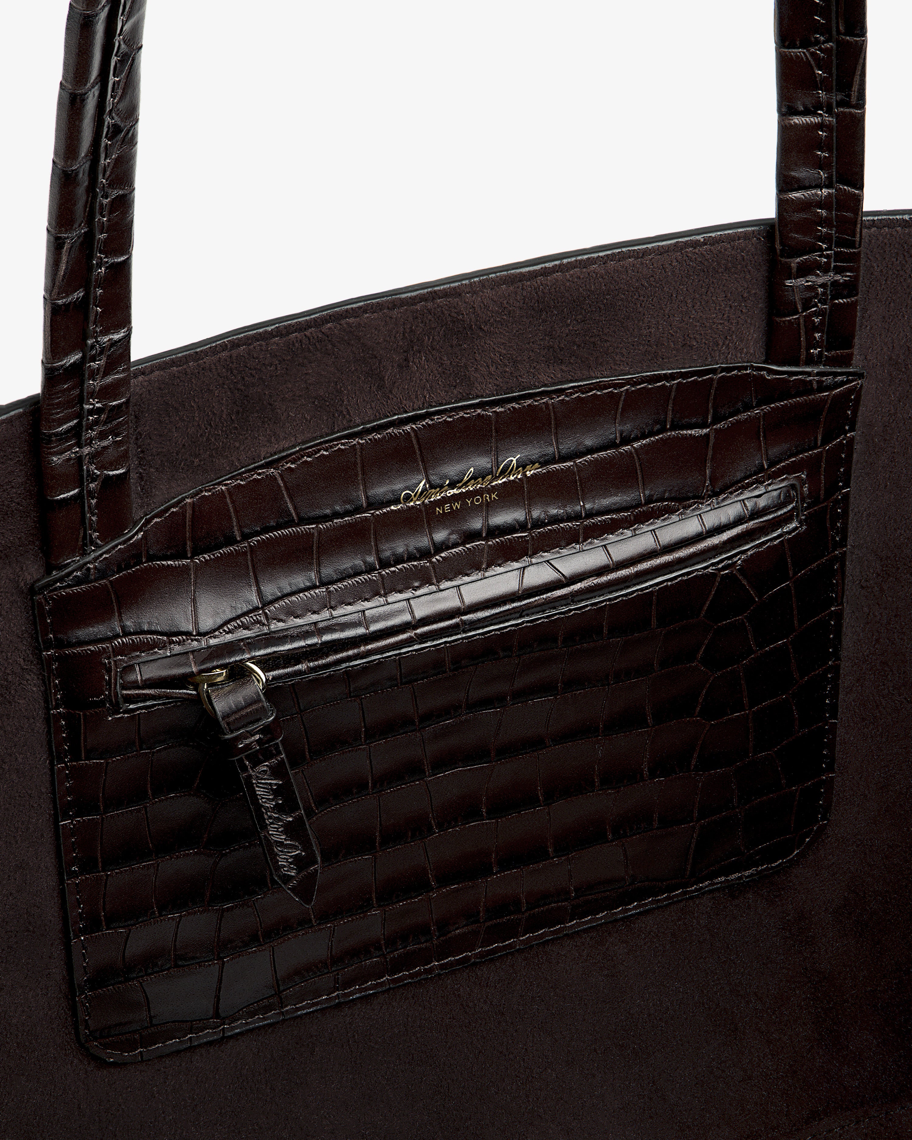 Interior view of a dark brown Croc-Embossed Leather Shoulder Bag with an attached zippered pocket.