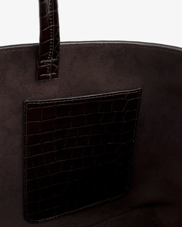 Close-up of the interior of a dark brown Croc-Embossed Leather Shoulder Bag, showing a crocodile-embossed pocket.