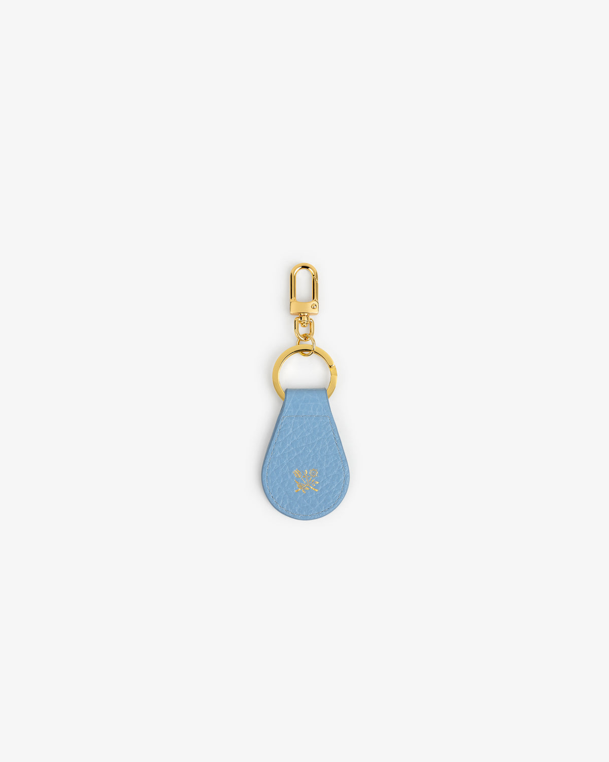Tumbled Leather Key Fob: blue leather teardrop, gold hardware, small embossed logo near center.