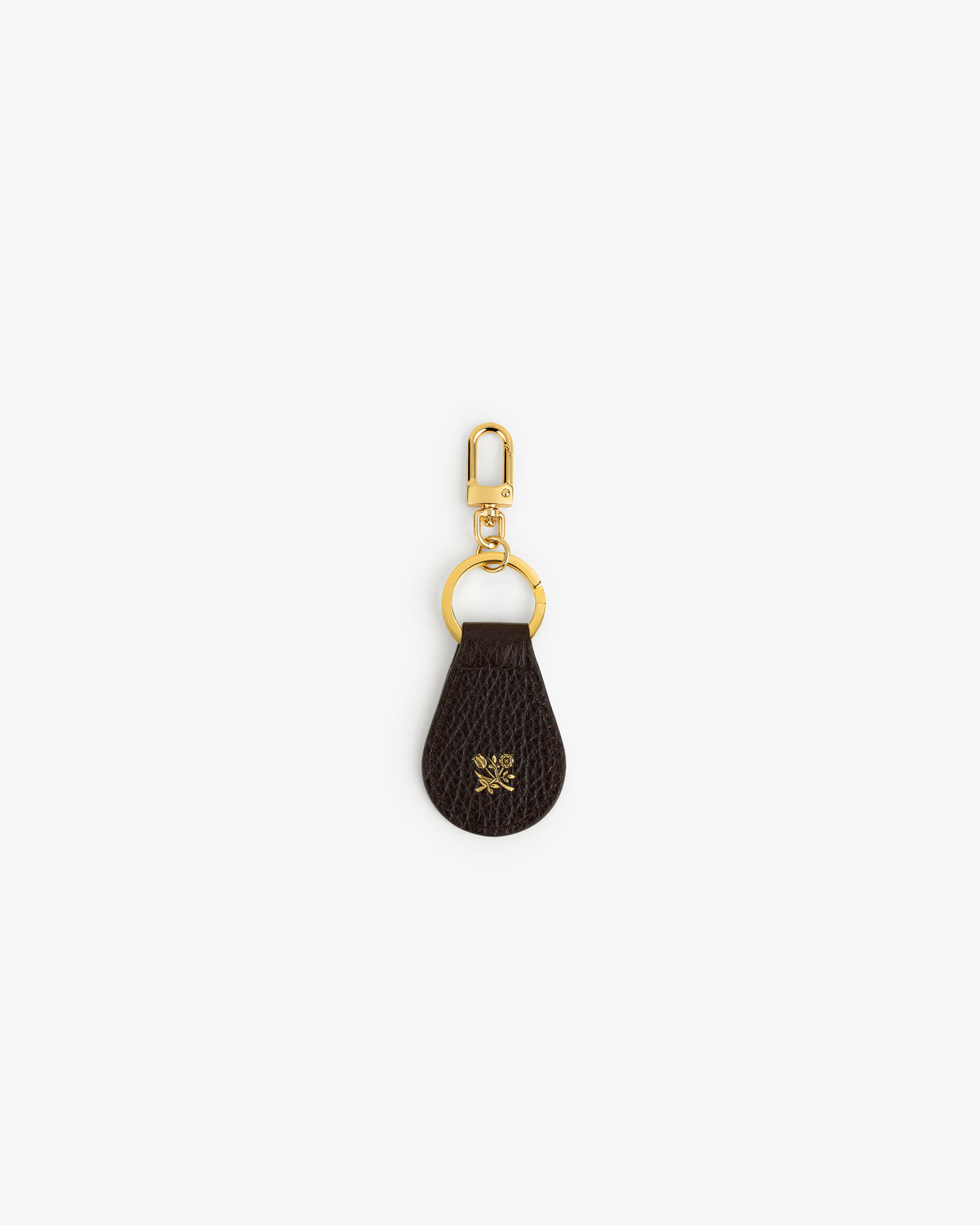 Tumbled Leather Key Fob in dark brown with gold hardware and a small gold emblem, shown on a white background.