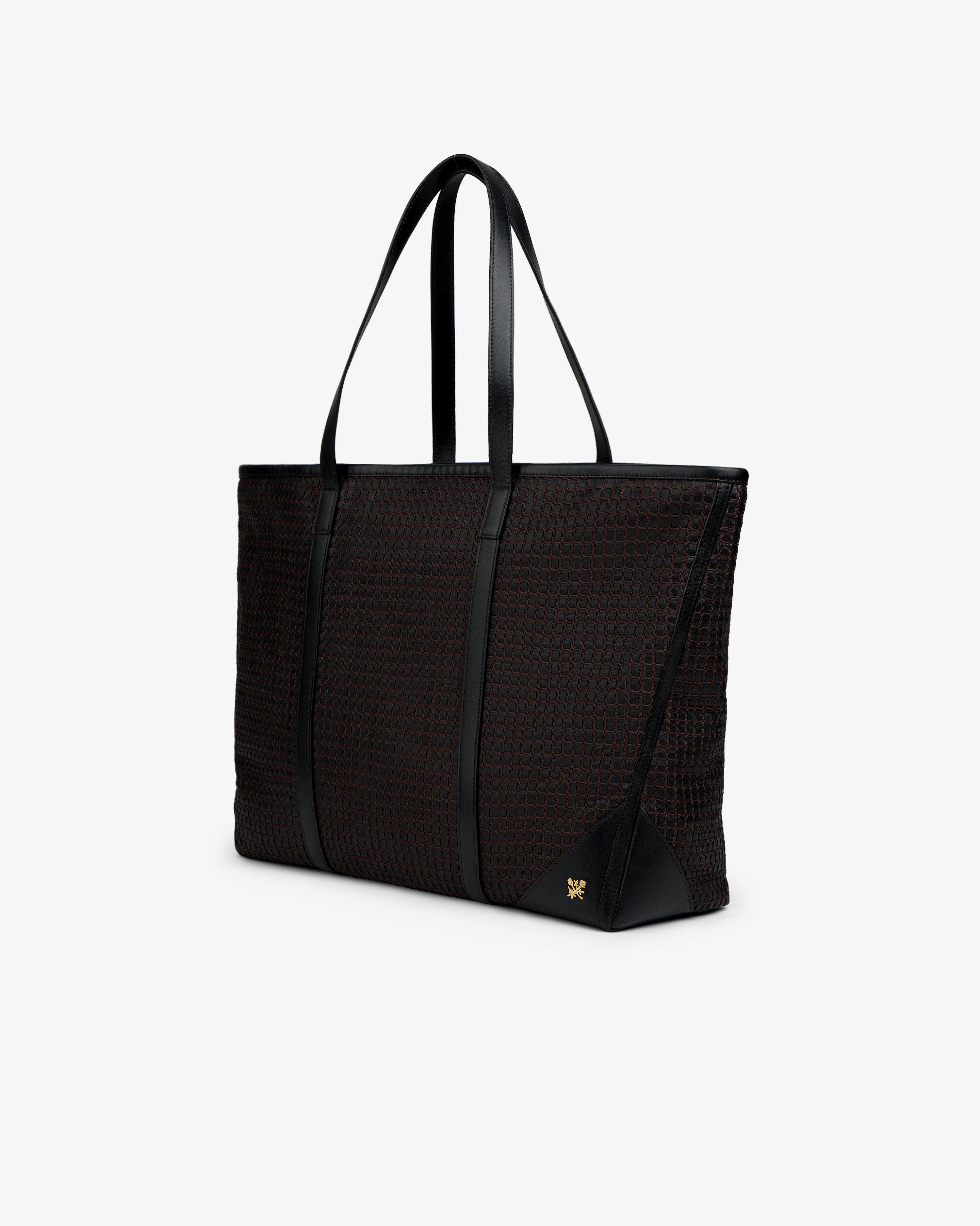 Black Woven Leather Tote Bag with a woven grid pattern and thin shoulder straps.