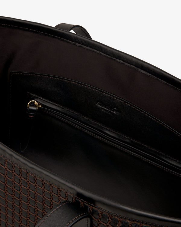 Interior view of a dark brown Woven Leather Tote Bag featuring a zippered pocket.