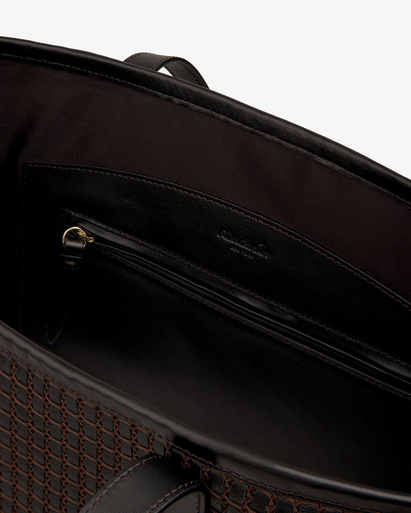 Interior view of a dark brown Woven Leather Tote Bag featuring a zippered pocket.