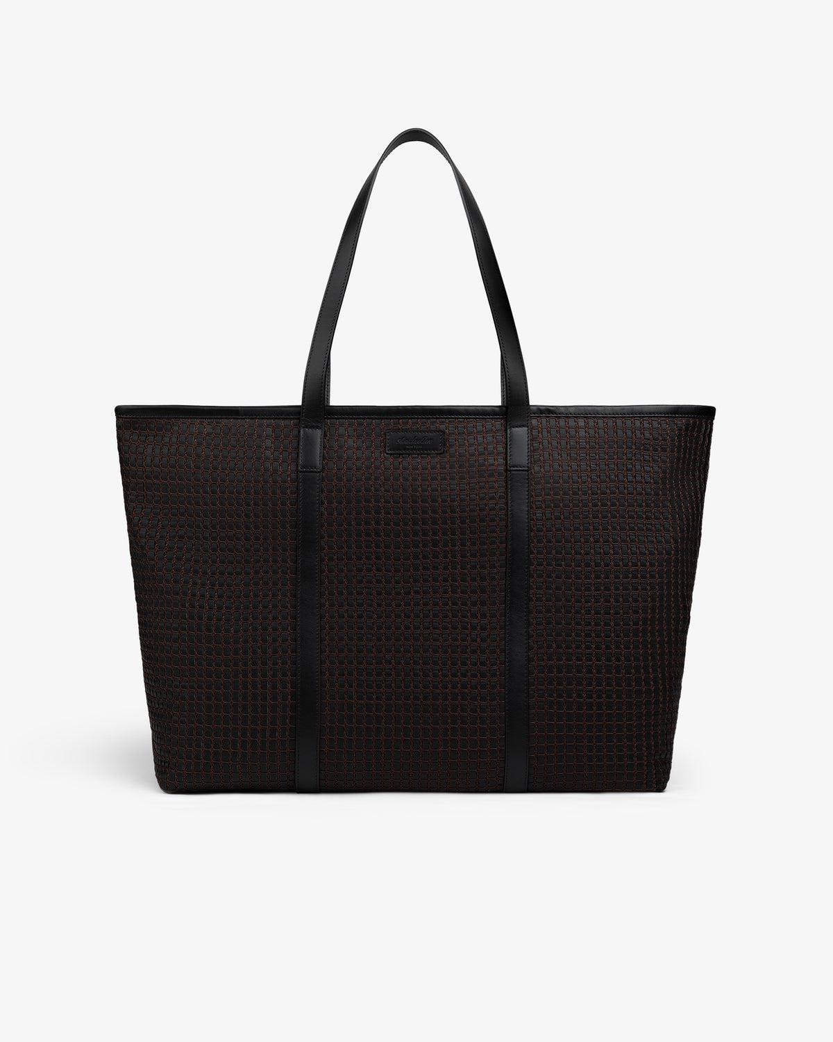 A dark brown Woven Leather Tote Bag with two shoulder straps and a grid pattern.