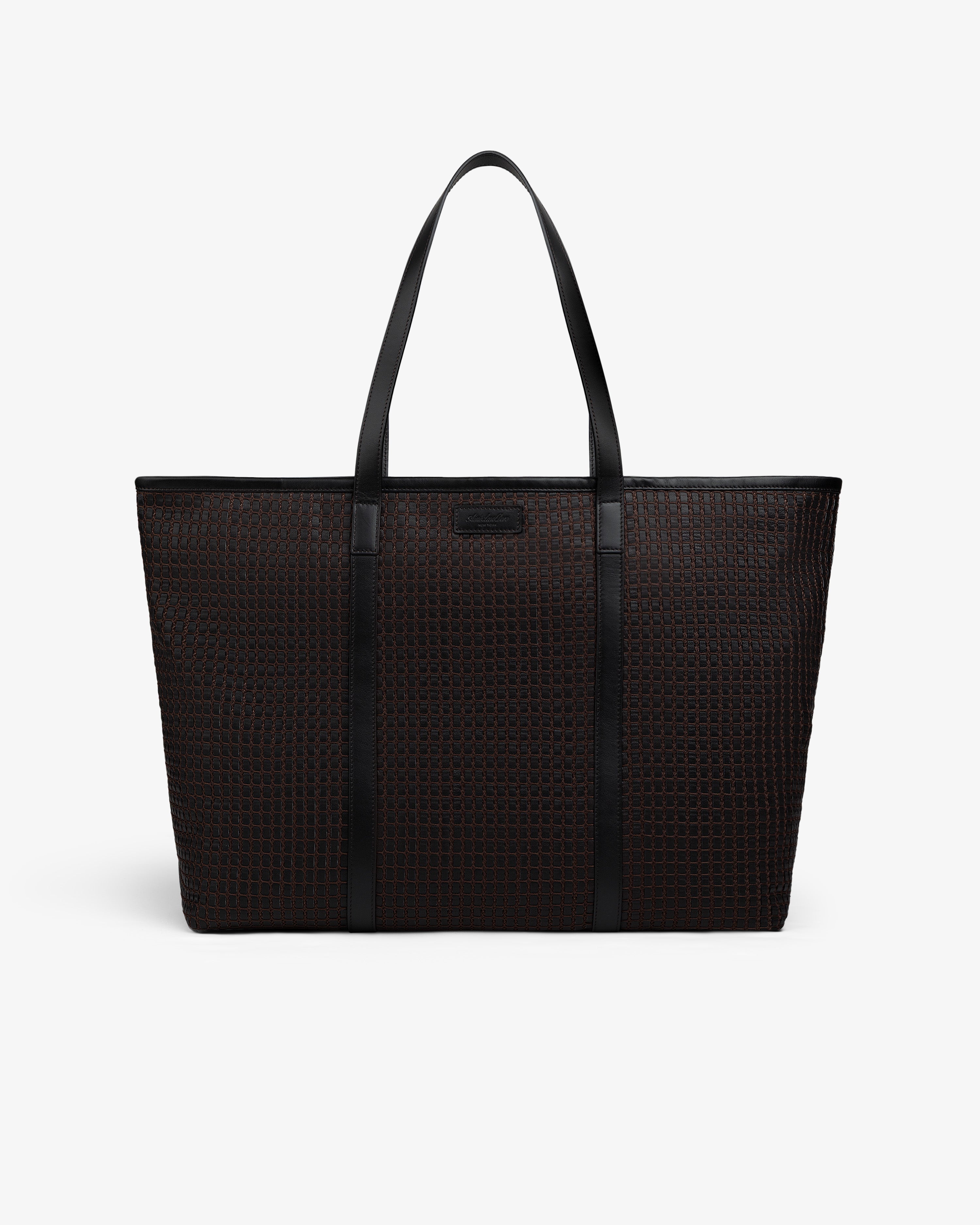 A dark brown Woven Leather Tote Bag with two shoulder straps and a grid pattern.