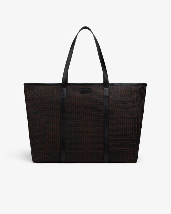 A dark brown Woven Leather Tote Bag with two shoulder straps and a grid pattern.