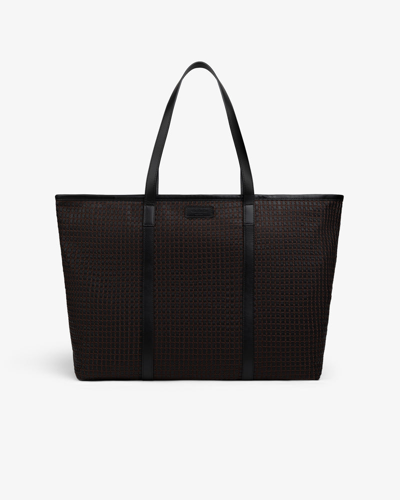 A dark brown Woven Leather Tote Bag with two shoulder straps and a grid pattern.