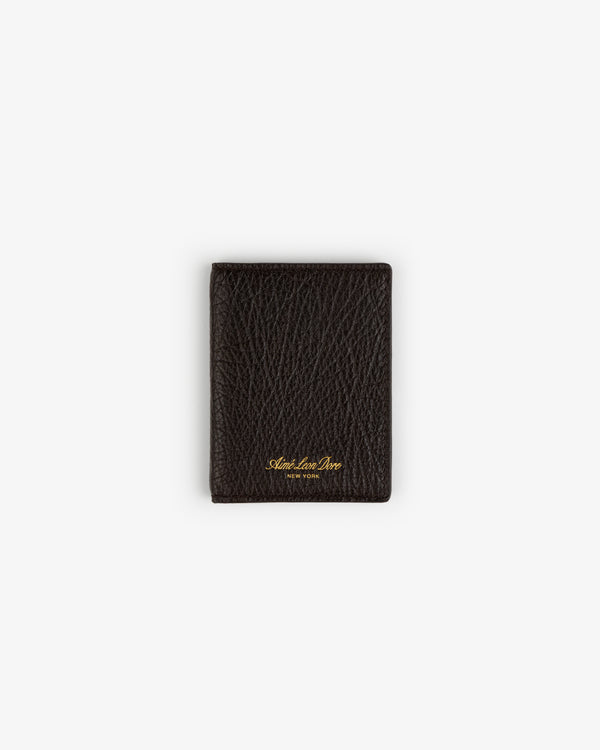 Tumbled Leather Bi-Fold Wallet in dark brown leather with gold text, centered on a plain white background.