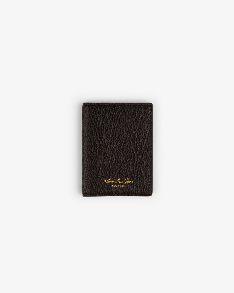Tumbled Leather Bi-Fold Wallet in dark brown leather with gold text, centered on a plain white background.