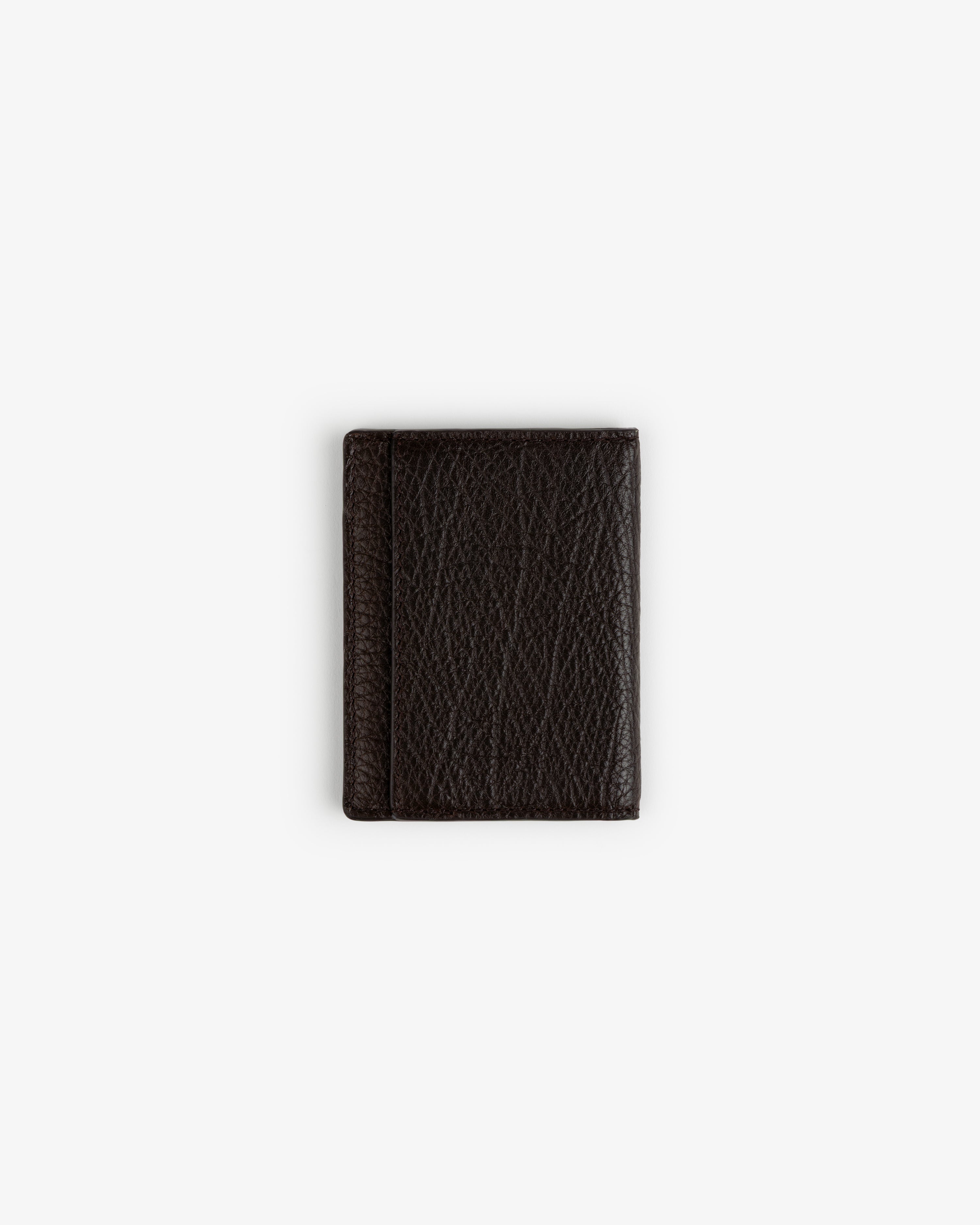 Tumbled Leather Bi-Fold Wallet in dark brown, closed, shown against a plain white background.