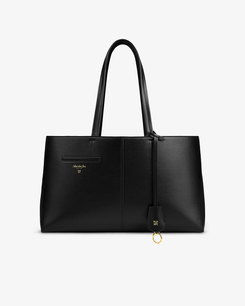 Napa Leather Shoulder Bag in black with double straps and a gold ring charm.