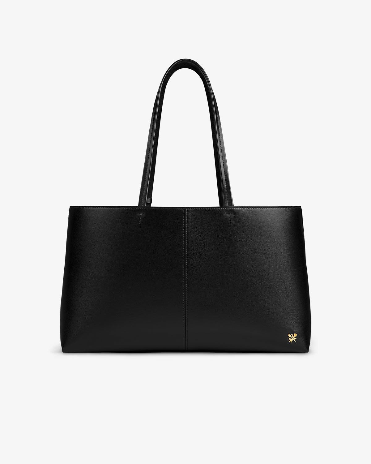 Black rectangular Napa Leather Shoulder Bag with two thin straps and a small gold emblem on the lower right corner.