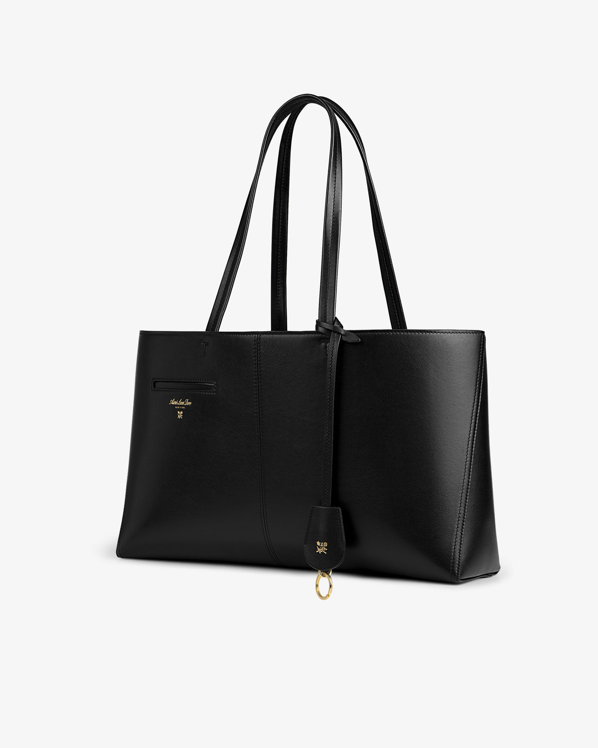 Napa Leather Shoulder Bag in black with dual shoulder straps and a gold-toned keychain charm.