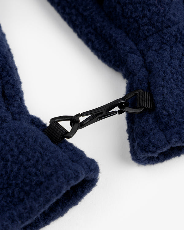 Close-up of an ALD / The North Face Fleece Gloves black clip joining two navy blue fleece pieces on a white background.