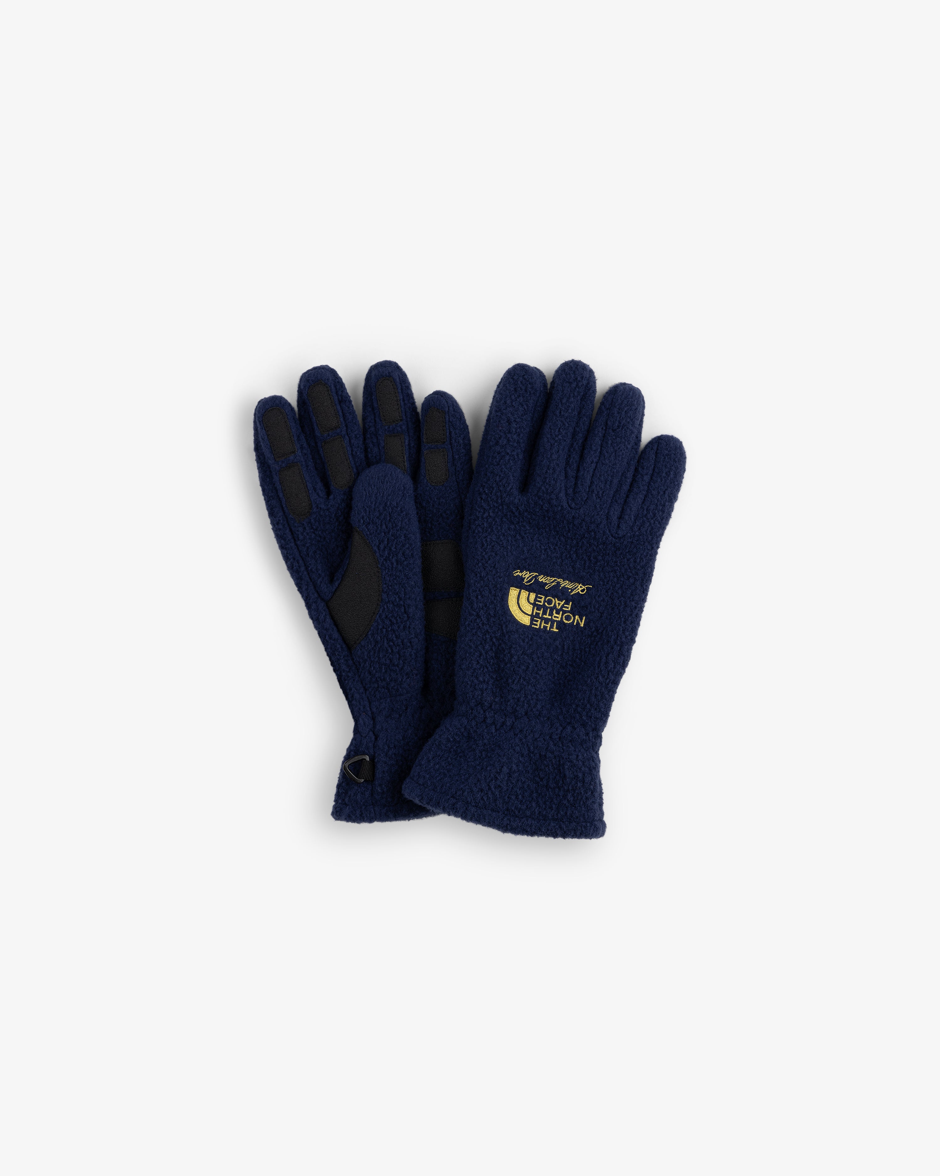 Navy ALD/The North Face fleece gloves with yellow logo on the back of one glove.