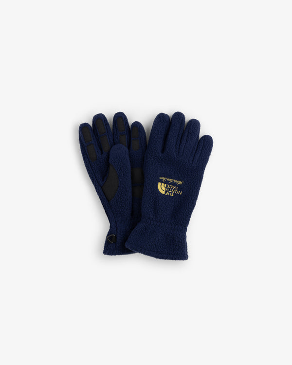 Navy ALD/The North Face fleece gloves with yellow logo on the back of one glove.