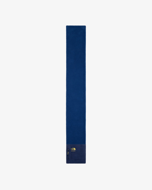 ALD / The North Face Denali Fleece Scarf in blue, with a zip pocket and logo near one end, on white background.