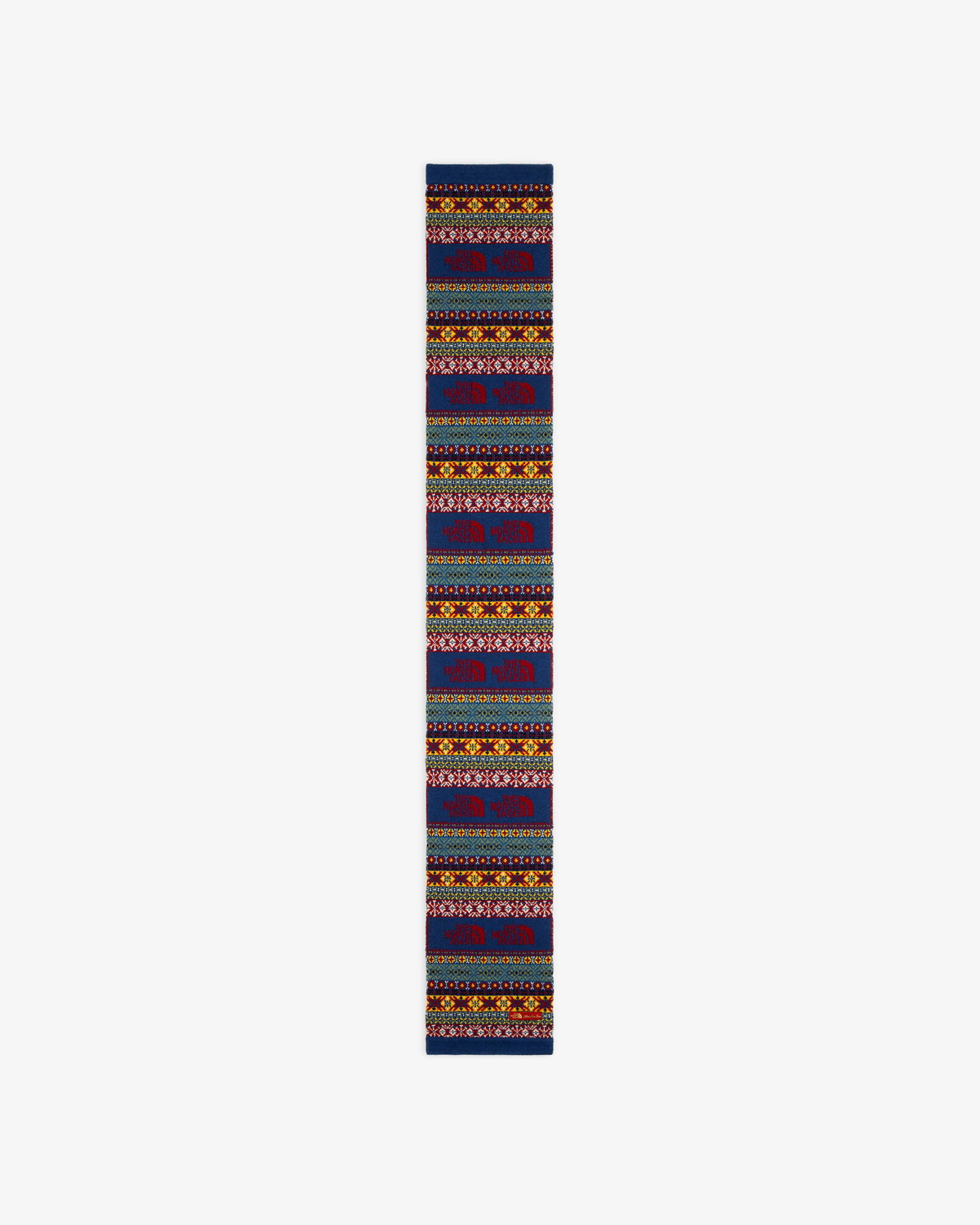 ALD / The North Face Fair Isle Scarf: Long, narrow scarf with colorful geometric and floral patterns on dark fabric.