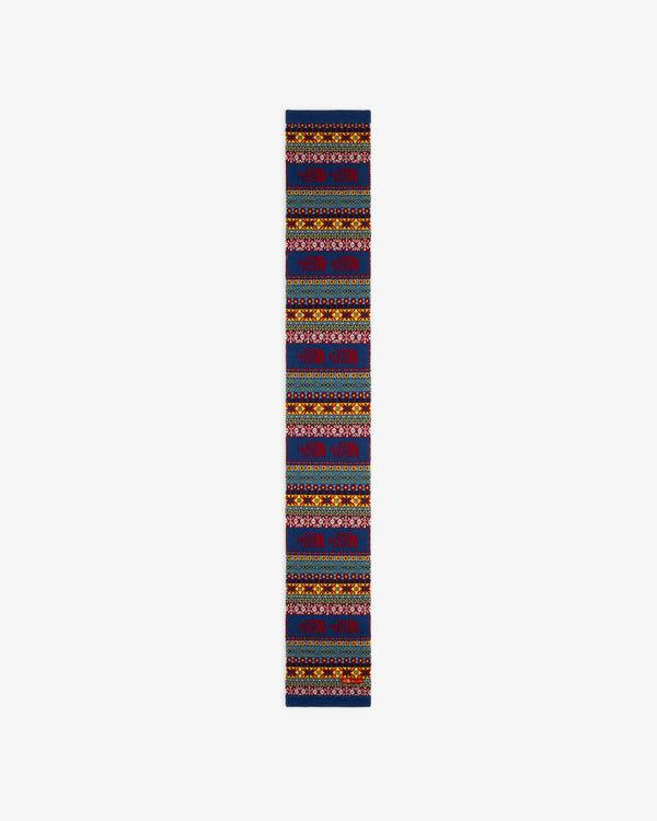 ALD / The North Face Fair Isle Scarf: Long, narrow scarf with colorful geometric and floral patterns on dark fabric.