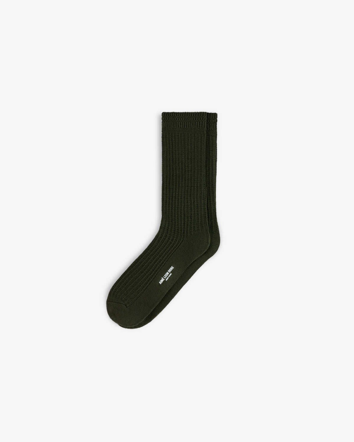 Dark green ribbed Cotton Waffle Sock with a white logo printed on the side.