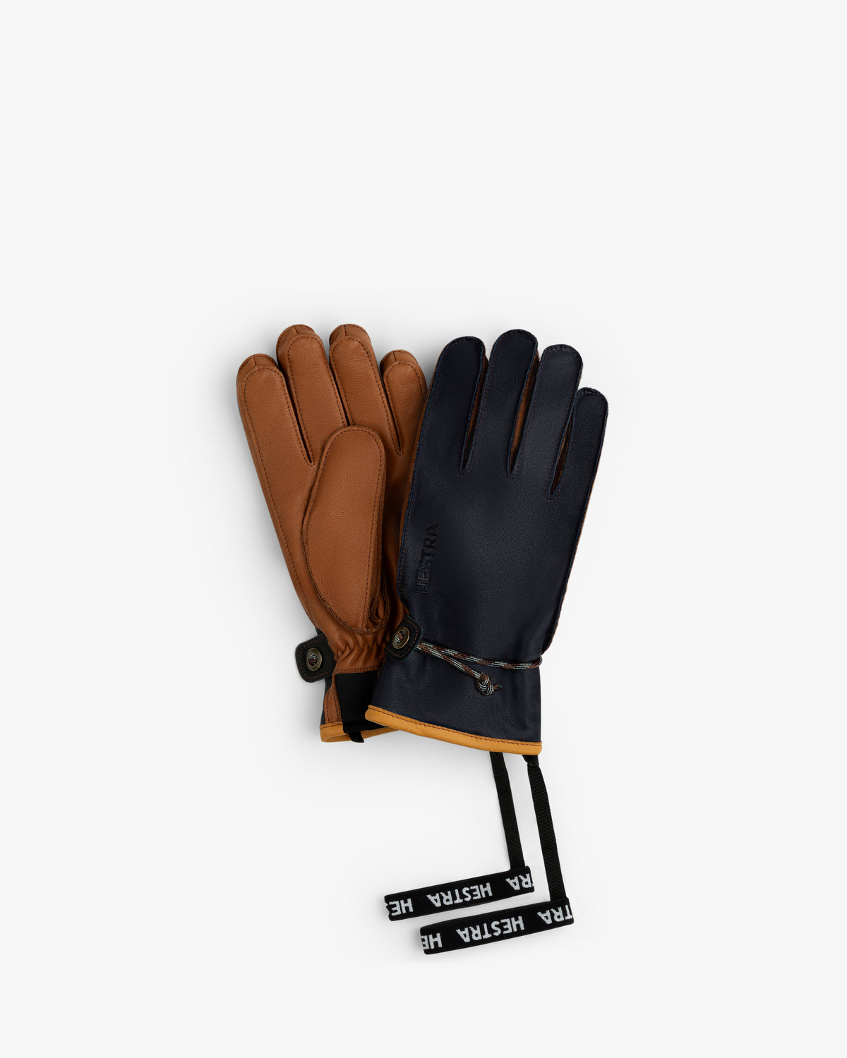 Wakayama Gloves: a pair of leather gloves with one brown hand, one navy blue hand, wrist adjustments, and hanging straps.