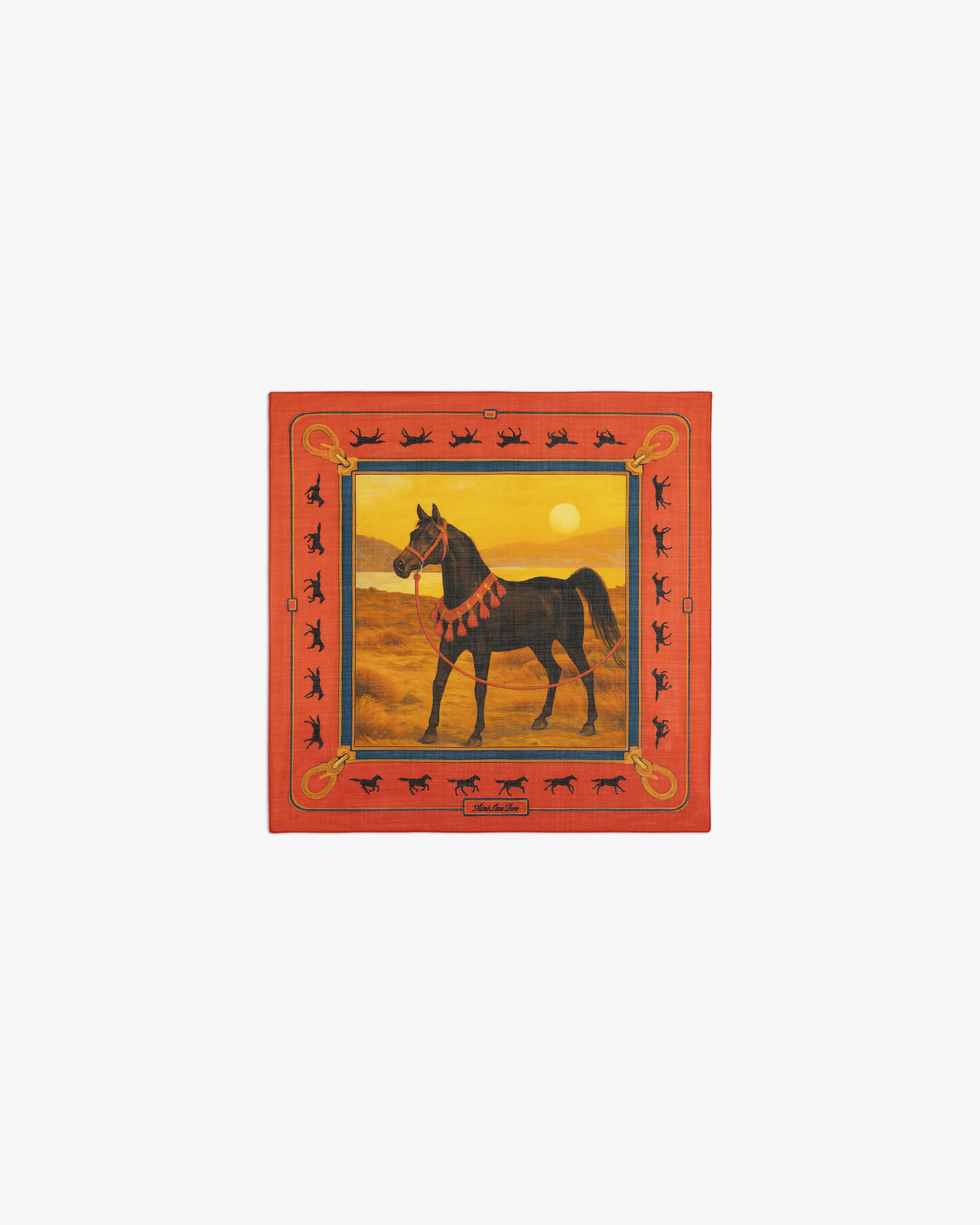 The Bayard Silk Bandana features a black horse at sunset with a red border and horse silhouettes.