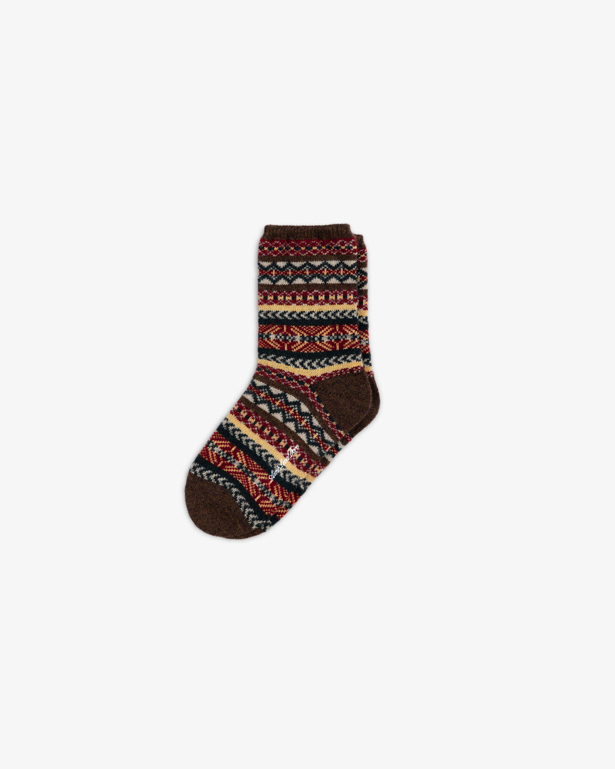 Fair Isle Quarter Sock with a brown, red, and cream geometric pattern.