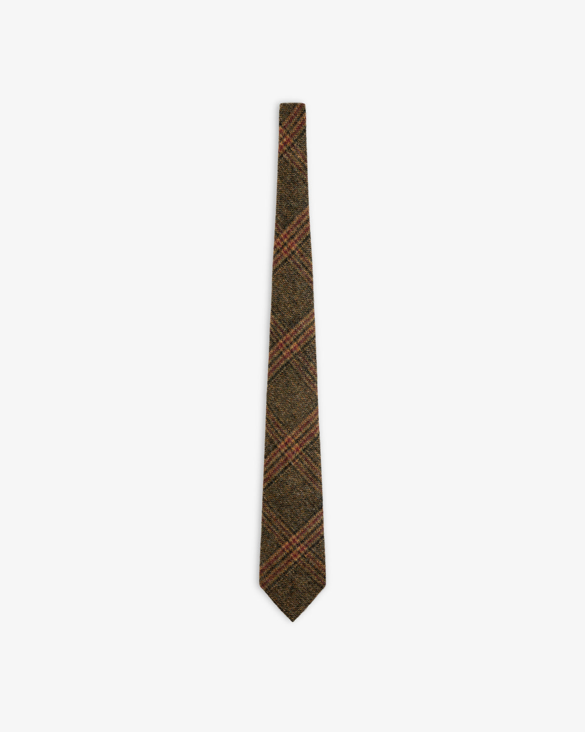 Plaid Tweed Tie in brown featuring a diagonal plaid pattern.