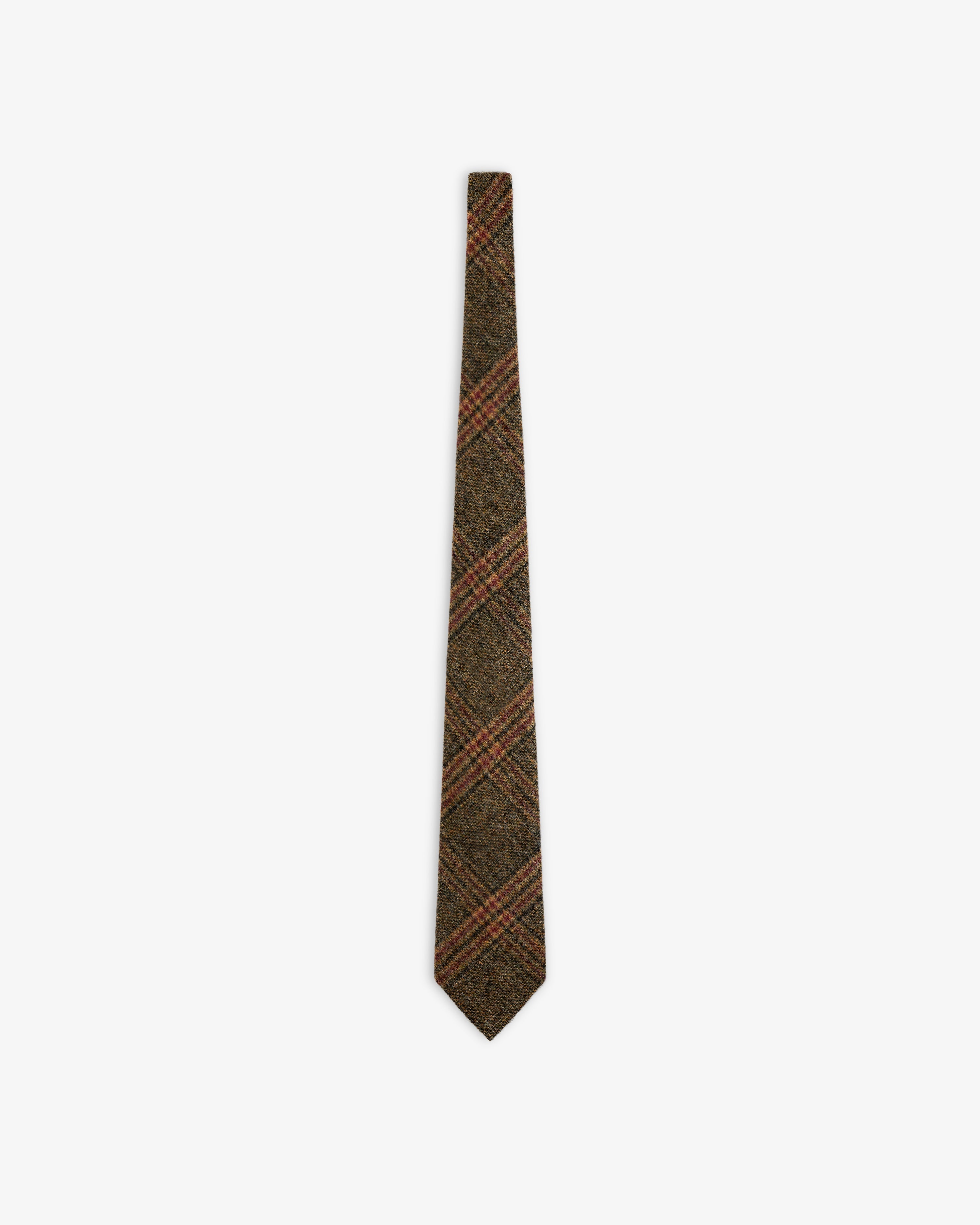 Plaid Tweed Tie in brown featuring a diagonal plaid pattern.