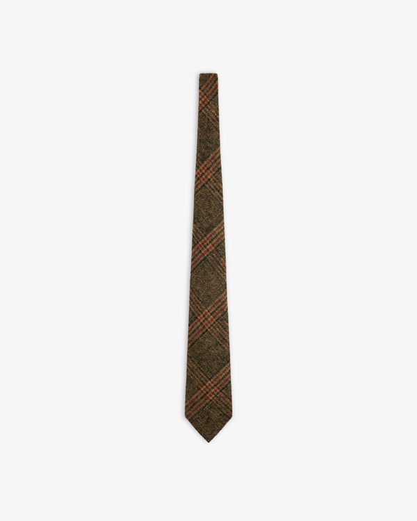 Plaid Tweed Tie in brown featuring a diagonal plaid pattern.