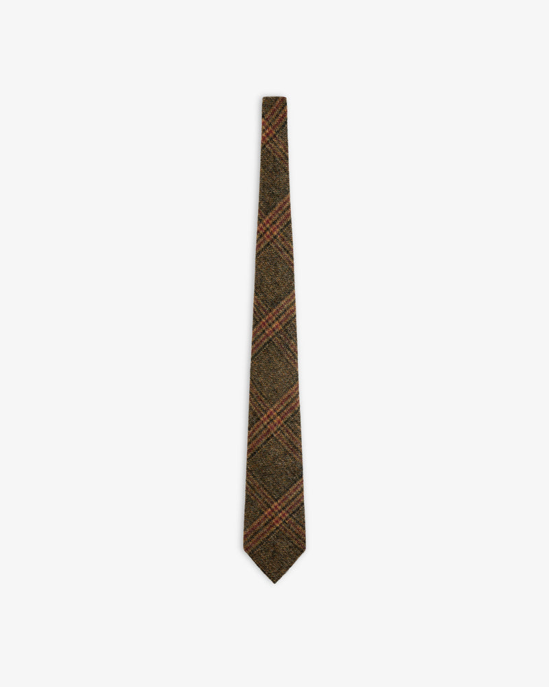 Plaid Tweed Tie in brown featuring a diagonal plaid pattern.