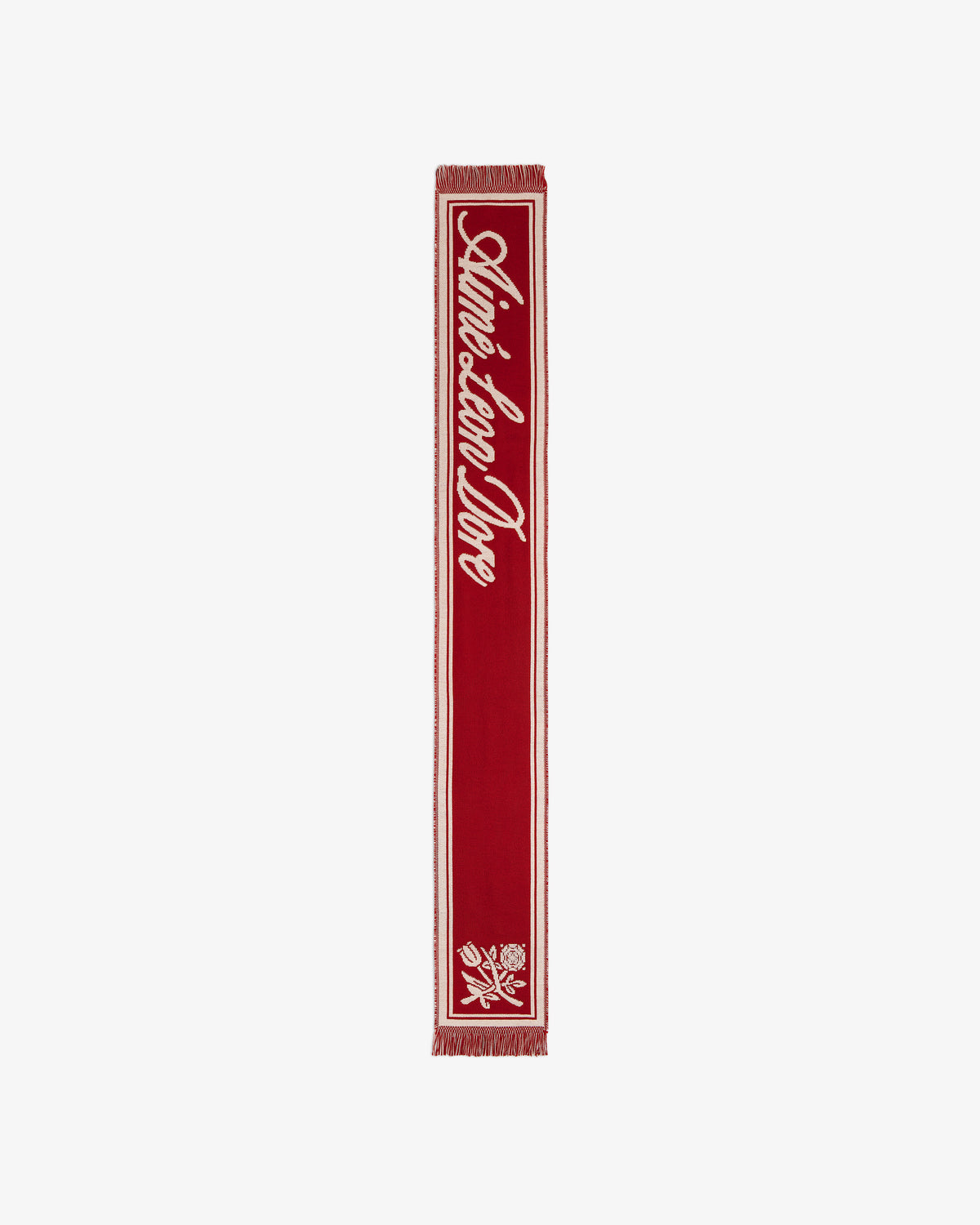 Red Wool Script Scarf featuring white script text and a floral graphic at the bottom.