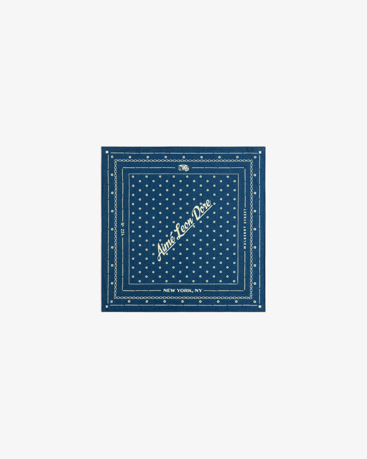 Indigo Dyed Cotton Bandana: a dark blue bandana with white polka dots and Aimé Leon Dore, New York, NY text.