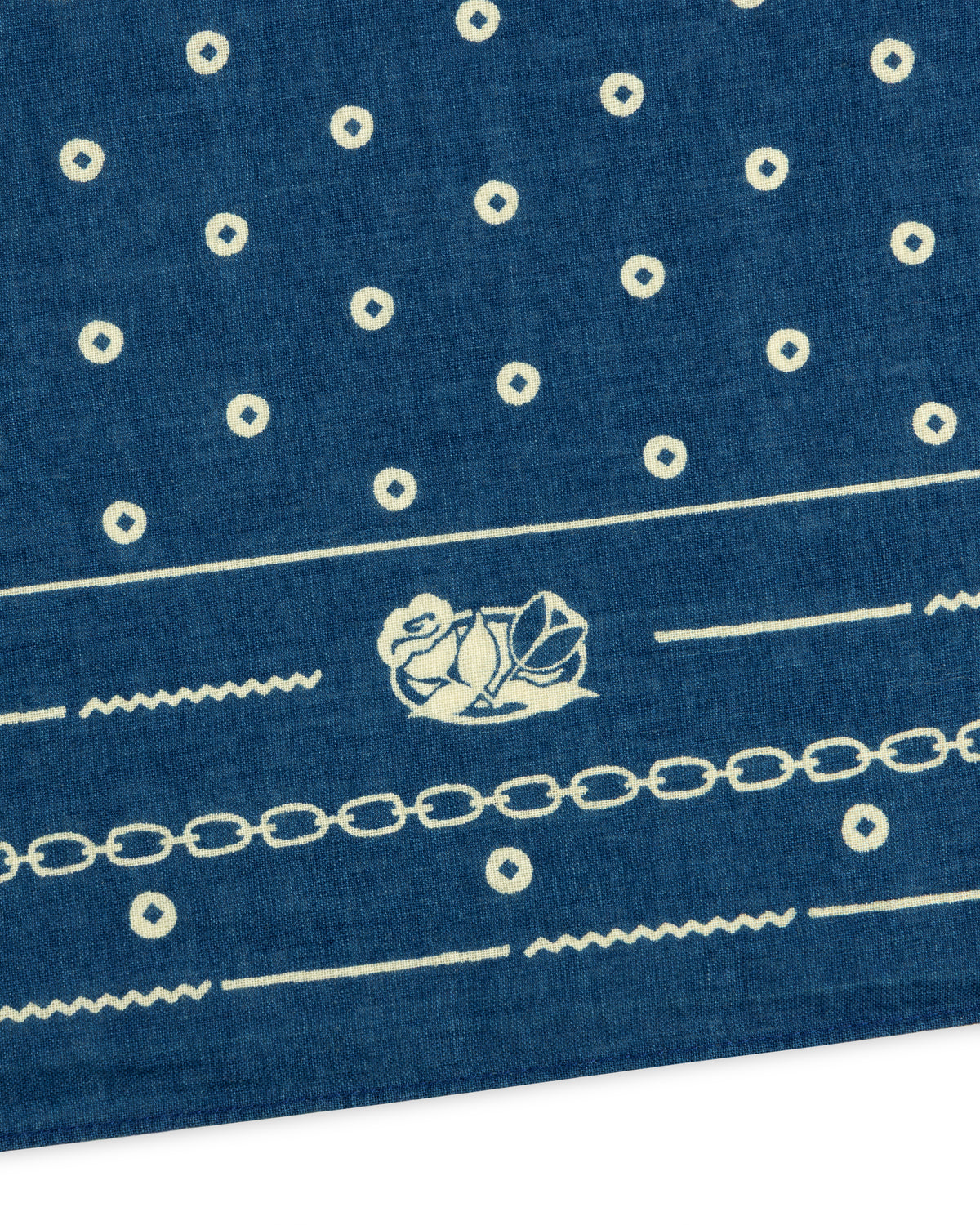 Indigo Dyed Cotton Bandana in blue with white circular patterns, a central floral motif, and decorative borders.